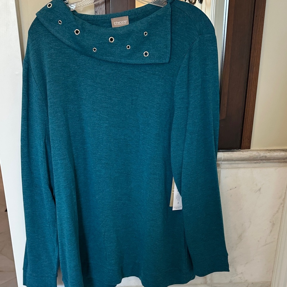 Chico's Teal Eyelet Collar Top